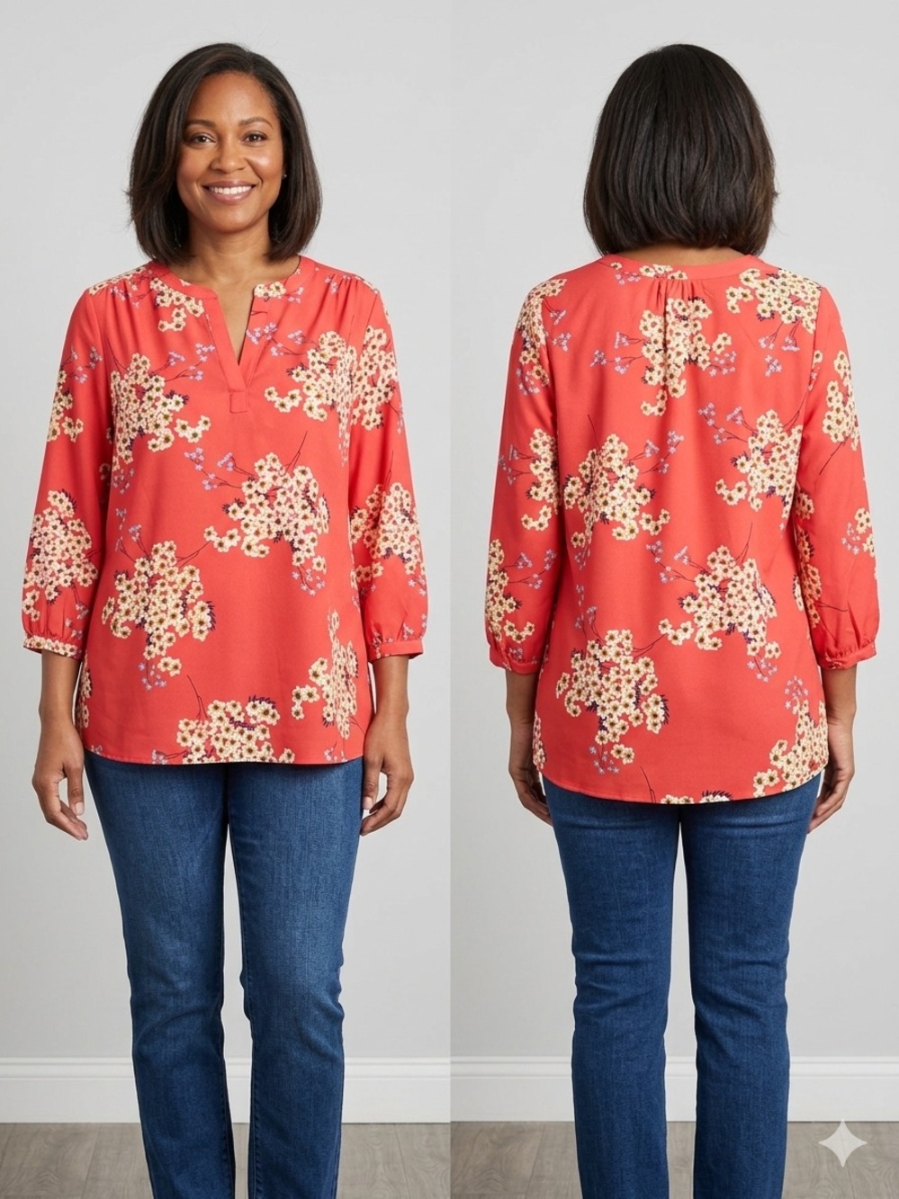 Coral Floral Split-Neck Tunic Top